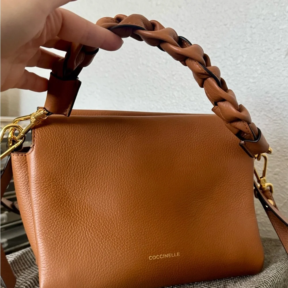 Coccinelle Italian Pebbled Leather Boheme Crossbody Bag- Cognac Brown, Small - Picture 3 of 7